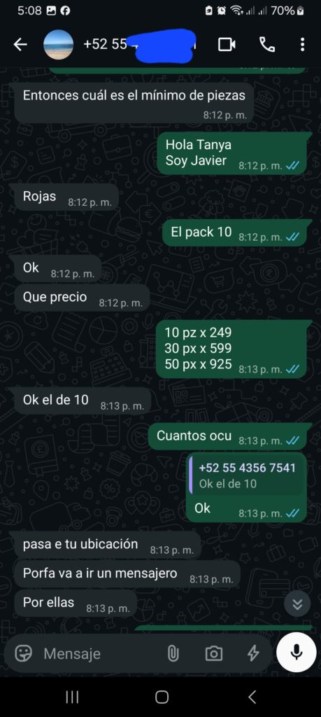 Captura de pantalla de conversación en WhatsApp confirmando la compra y entrega de productos Nubecolor.
