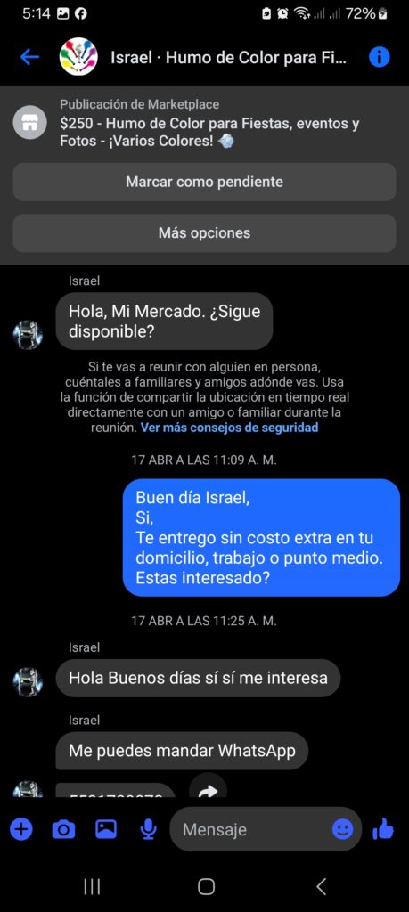 Captura de pantalla de conversación en WhatsApp confirmando la compra y entrega de productos Nubecolor.